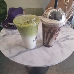 Iced vanilla Matcha and Cookies and Cream Boba. Iced vanilla Matcha and Cookies and Cream Boba.