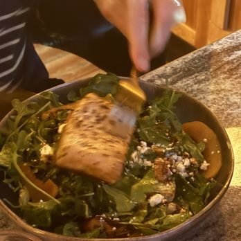 V Modern Italian - The peach salad with added salmon on top - Italian Near Me - Charleston, South Carolina