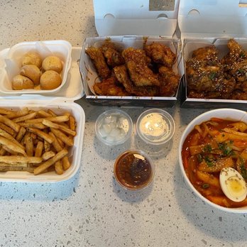 bb.q Chicken & Pub - Soy Garlic Chicken, Galbi Q Chicken, Cheese Balls, fries, Spicy Dukk Bokki - absolutely delicious! - Korean Near Me - Surrey, British Columbia