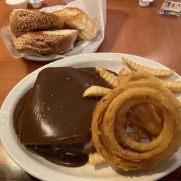 Hot Steak Sandwich with Fries and Onion Rings Hot Steak Sandwich with Fries and Onion Rings
