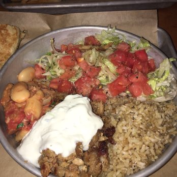 Greek Eats - Plate: Pork, brown rice, beans, regular tzatziki, lettuce and tomato with dressing. - Greek Near Me - Shrewsbury, New Jersey