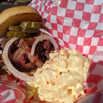 Iron and Oak Brisket - Chopped Brisket Sandwich with Dill Mac Salad - Barbeque Near Me - Woodfin, North Carolina Iron and Oak Brisket - Chopped Brisket Sandwich with Dill Mac Salad - Barbeque Near Me - Woodfin, North Carolina