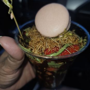Walking Bean Cafe - Dubai strawberry cup with strawberry macaron on top. - Shaved Ice Near Me - Honolulu, Hawaii