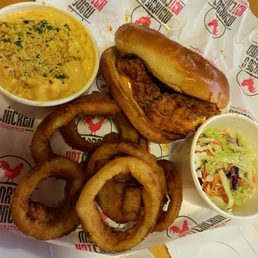 Fried Chicken Sandwich hot, Cornbread Mac & Cheese, Beer Battered Onion Rings, coleslaw on the side Fried Chicken Sandwich hot, Cornbread Mac & Cheese, Beer Battered Onion Rings, coleslaw on the side