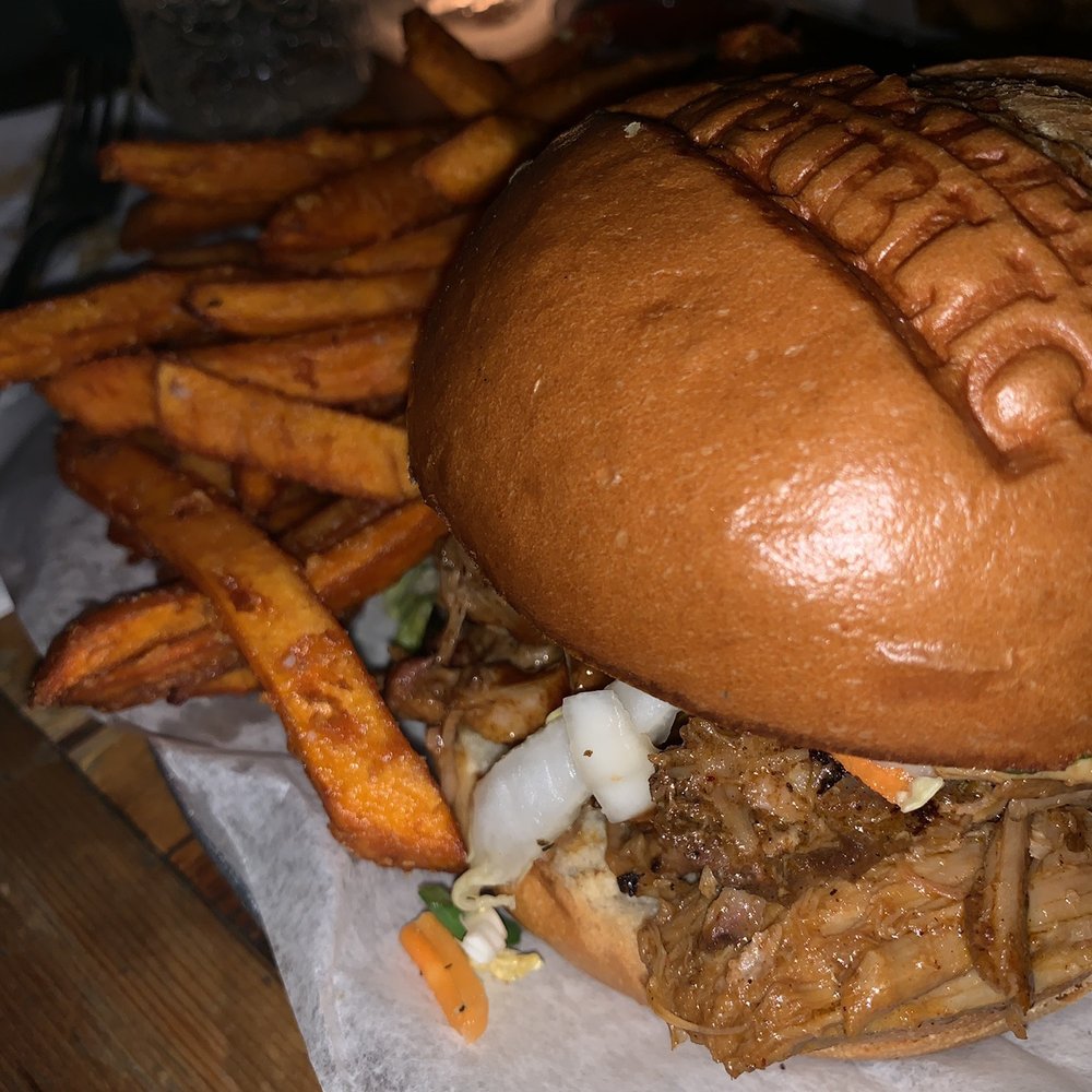 Harlem Public - Pulled Pork Sandwich, with Sweet Potato fries - New American Near Me - New York, New York Harlem Public - Pulled Pork Sandwich, with Sweet Potato fries - New American Near Me - New York, New York