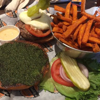 Bad Daddy's Burger Bar - Burger with pesto, mozarella, tomato, side of sweet potato fries - Burgers Near Me - Broomfield, Colorado Bad Daddy's Burger Bar - Burger with pesto, mozarella, tomato, side of sweet potato fries - Burgers Near Me - Broomfield, Colorado