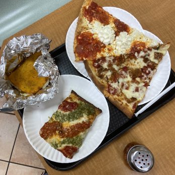 Krispy Pizza  - trio, margarita pizza  and beef patty w cheese. Sausage slice - Pizza Near Me - Brooklyn, New York