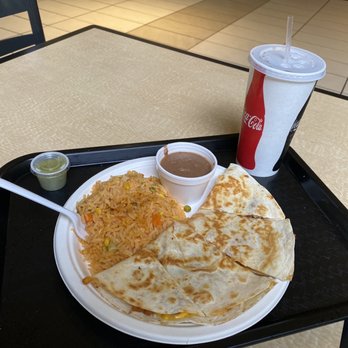El Taco Fresco - Pork Quesadilla meal. Comes with a side of refried beans and rice, as well as a drink! - Tacos Near Me - Eugene, Oregon