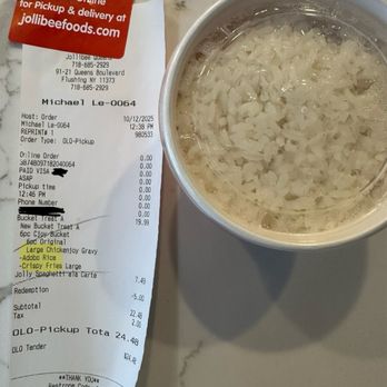 Jollibee - Receipt with Steamed Rice (Adobo Rice clearly marked) - Fast Food Near Me - Elmhurst, New York Jollibee - Receipt with Steamed Rice (Adobo Rice clearly marked) - Fast Food Near Me - Elmhurst, New York