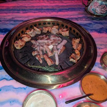 Galbi Korean Steakhouse - Shrimp and pork belly almost done being cooked. - Korean Near Me - Shelton, Connecticut Galbi Korean Steakhouse - Shrimp and pork belly almost done being cooked. - Korean Near Me - Shelton, Connecticut