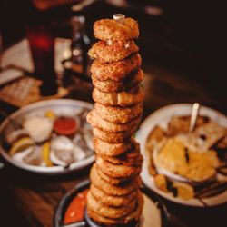 Pismo Fish & Chips - Onion Ring Tower - Full Foot Crab Dip Half shell oysters