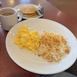 The Original Pancake House - Hash Browns and Eggs, with three small pancakes on side.