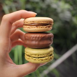 caramel macaron, chocolate covered chocolate & hazelnut macaron, matcha morninga macaron