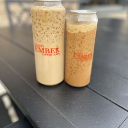 Iced Cookie Butter Latte (left), Iced Brown Sugar Cinnamon Shaken Espresso (right)