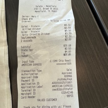 Salata - Receipt. - Salad Near Me - Mansfield, Texas