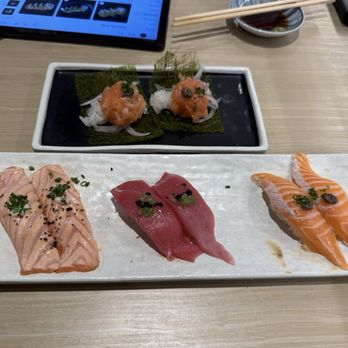 Sushi REV - Truffle Seaweed Salmon (top), Seared Salmon, Toro, Truffle Salmon Belly - Sushi Bars Near Me - Rowland Heights, California