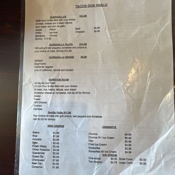 Tacos Don Pablo - Back of menu - Mexican Near Me - Plainfield, Indiana