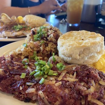 Kihei Caffe Lahaina - Corned Beef hash, eggs. pork fried rice and biscuit - Breakfast & Brunch Near Me - Lahaina, Hawaii