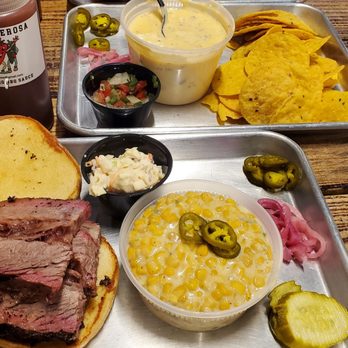 Strouderosa BBQ - Sliced brisket with a side of jalapeño cream corn; brisket queso. - Barbeque Near Me - Dallas, Texas Strouderosa BBQ - Sliced brisket with a side of jalapeño cream corn; brisket queso. - Barbeque Near Me - Dallas, Texas