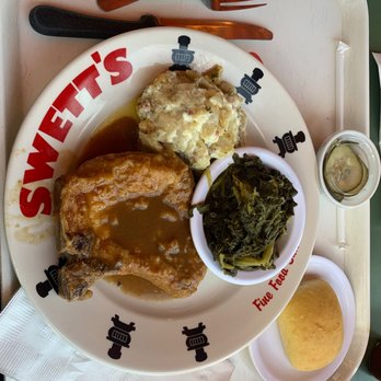 Swett's Restaurant - Port Chops, Turnip Greens, potatoes, Dinner Rolls and pickles - Soul Food Near Me - Nashville, Tennessee