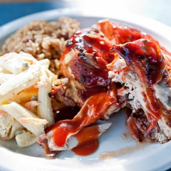 Uncle Joe's Barbecue - BBQ chicken platter with sides of red beans and rice, and macaroni salad - Barbeque Near Me - St John, Virgin Islands
