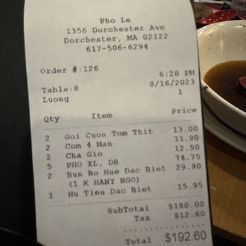 Pho Le Restaurant - Our check - Vietnamese Near Me - Boston, Massachusetts