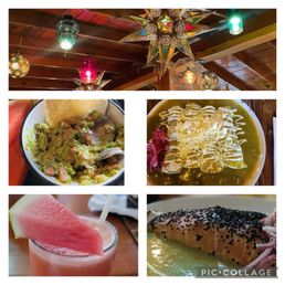 Guacamole, watermelon  drink, salmon and enchiladas!