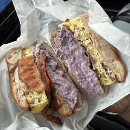 Egg, Bacon and Cheese Bagel with Blue Berry cream cheese Egg, Bacon and Cheese Bagel with Blue Berry cream cheese