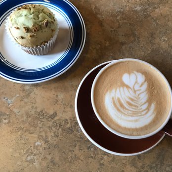 Sycamore Grounds - Valentines latte and pistachio muffin - Cafes Near Me - Pasadena, Texas