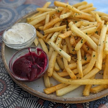 Yalla - Fries with beet ketchup and horseradish sauce - Mediterranean Near Me - Portland, Oregon Yalla - Fries with beet ketchup and horseradish sauce - Mediterranean Near Me - Portland, Oregon