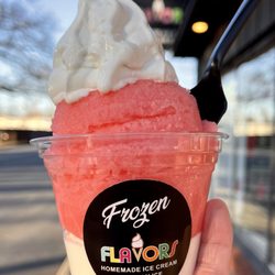Frozen Flavors Homemade Ice Cream & Italian Ice - Bubblegum Gelati. The perfect layering of creamy vanilla soft serve and our incredibly smooth homemade Bubblegum Italian Ice