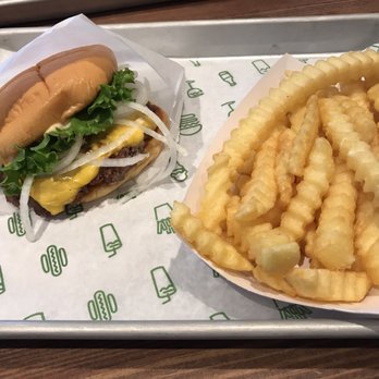 Shake Shack Navy Yard - Single shack burger with toppings and a side of fries. - Fast Food Near Me - Washington, DC, District of Columbia Shake Shack Navy Yard - Single shack burger with toppings and a side of fries. - Fast Food Near Me - Washington, DC, District of Columbia