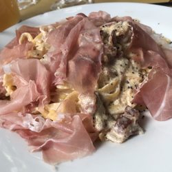 Alla Ghiacciaia - Heavenly pasta topped with freshly sliced San Danielle prosciutto.