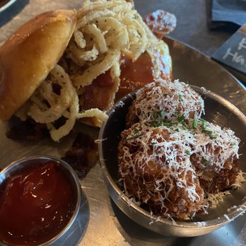 Eureka! - Cowboy Burger side of Mac and Cheese Balls - Burgers Near Me - Ontario, California