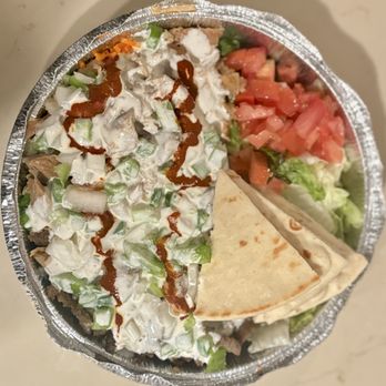 The Halal Guys - Mixed regular platter (bbq chicken + gyro)  w/ bell peppers and onions - Middle Eastern Near Me - San Diego, California