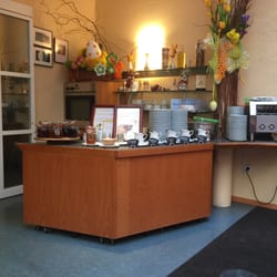 Beautiful pancake counter... Made fresh in front of you.. With tons of sauces to choose from...
