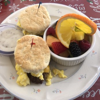 Kimmie's Coffee Cup - December 2018: Biscuits with hamburger, egg, and cheese. Side of gravy. Side of mixed fruit. - Breakfast & Brunch Near Me - Cypress, California Kimmie's Coffee Cup - December 2018: Biscuits with hamburger, egg, and cheese. Side of gravy. Side of mixed fruit. - Breakfast & Brunch Near Me - Cypress, California