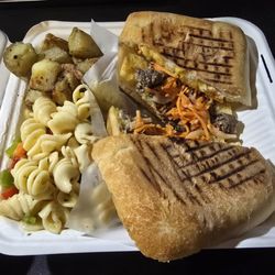Bulgogi panini with grilled potatoes and garden pasta