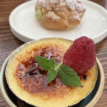 Wagashi Tea House - White Chocolate Mandarin Creme Brulee and Matcha Cream Puff - Coffee & Tea Near Me - Canmore, Alberta Wagashi Tea House - White Chocolate Mandarin Creme Brulee and Matcha Cream Puff - Coffee & Tea Near Me - Canmore, Alberta