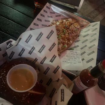 Narragansett Brewing Company - Pretzel with beer cheese, buffalo chicken flatbread - Breweries Near Me - Providence, Rhode Island Narragansett Brewing Company - Pretzel with beer cheese, buffalo chicken flatbread - Breweries Near Me - Providence, Rhode Island