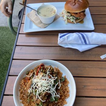 The Monica - Corn chowder & chicken sandwich for my husband, Chicken Tusconyaki with sonoran rice for me - Breakfast & Brunch Near Me - Tucson, Arizona The Monica - Corn chowder & chicken sandwich for my husband, Chicken Tusconyaki with sonoran rice for me - Breakfast & Brunch Near Me - Tucson, Arizona