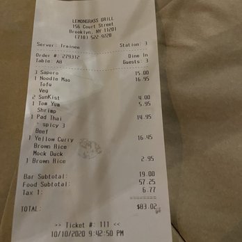 Lemongrass Brooklyn - The bill for a party of 3 - Thai Near Me - Brooklyn, New York