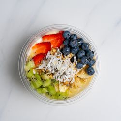 Boba Boba Life - Yogurt Bowl with kiwi, blueberries, bananas, strawberries, coconut, granola, honey, and chia seeds.