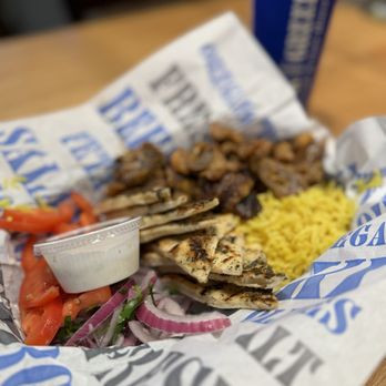 Nick The Greek - PORK SOUVLAKI PLATE WITH RICE, SIDE SALAD, TZATZIKI SAUCE & PITA BREAD - Greek Near Me - Phoenix, Arizona Nick The Greek - PORK SOUVLAKI PLATE WITH RICE, SIDE SALAD, TZATZIKI SAUCE & PITA BREAD - Greek Near Me - Phoenix, Arizona