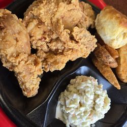 Lee's Famous Recipe Chicken - Crispy (Spicy) Breast, Leg, Wedges, Cole Slaw and Biscuit