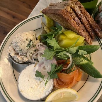 Agi's Counter - COUNTRY CLUB PLATE House cured salmon, smoked trout salad, tomato, cucumber, parsley-shallot salad, whipped farmers cheese, pickles - Hungarian Near Me - Brooklyn, New York