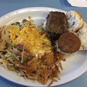 Breakfast Shoppe - Liver mush biscuit, sausage biscuit and hash browns down their way. Yum! - Comfort Food Near Me - Swannanoa, North Carolina
