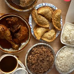 Caribe Restaurant - 2 Chicken Stew plates, extra rice + beans, 4 Chicken Pastelito, 1 Beef Pastelito + potato salad