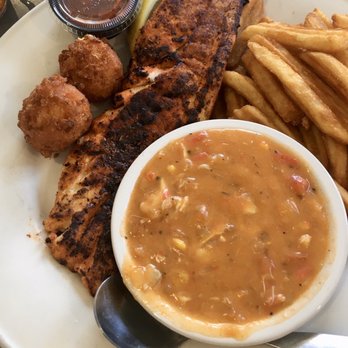 Hull's Seafood - Blackened Snapper (Special) with Fries, Hush Puppies, and Florida Blue Crab Gumbo - Seafood Near Me - Ormond Beach, Florida