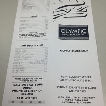 Olympic Subs & Steaks - Menu, front/back - Sandwiches Near Me - Wilmington, Delaware